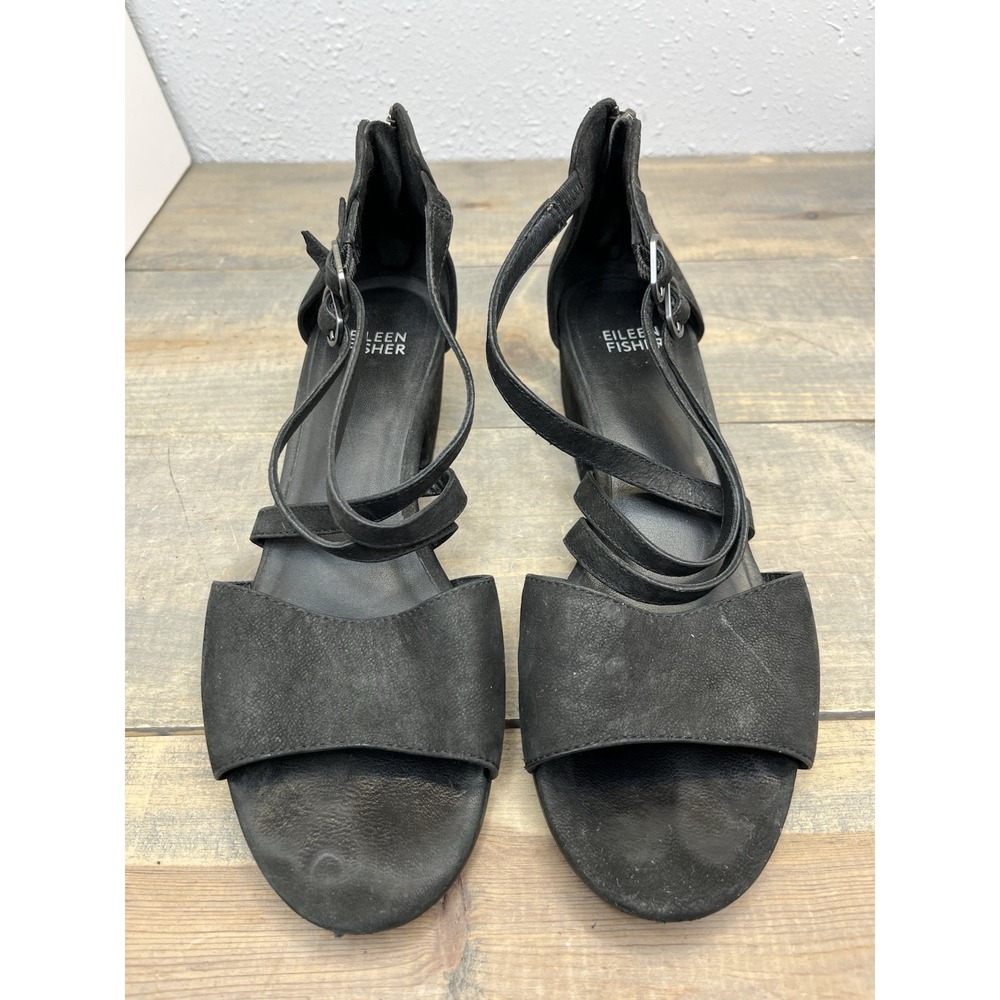 Eileen Fisher Womens Black Open Toe Block‎ Heel Strappy Sandals Size US 8